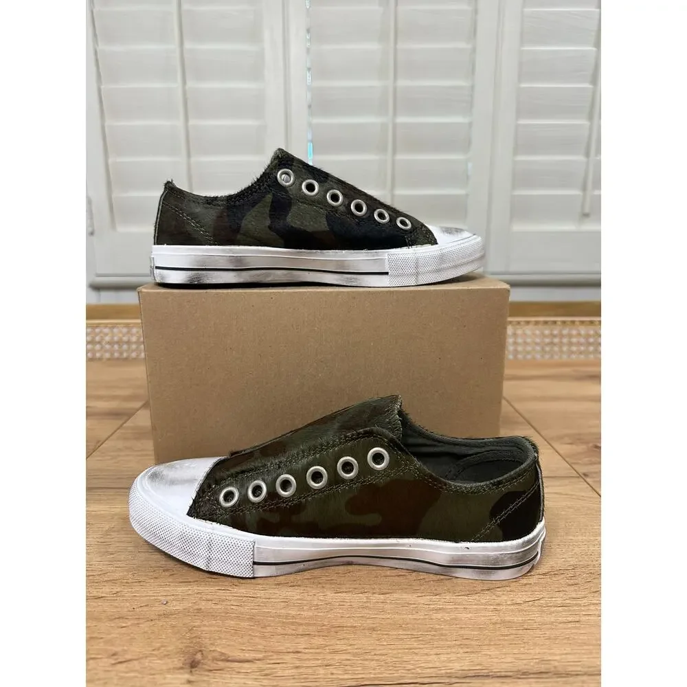 Naughty Monkey Shalomar Sneaker Camo Leather 100% Pony Hair Sz 6 NWOB Distressed